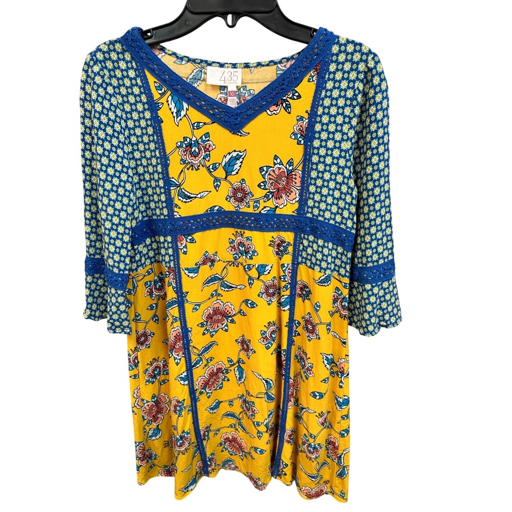 435 by Matilda Jane Tunic Top Floral Print Crochet Trim Boho Size 10
